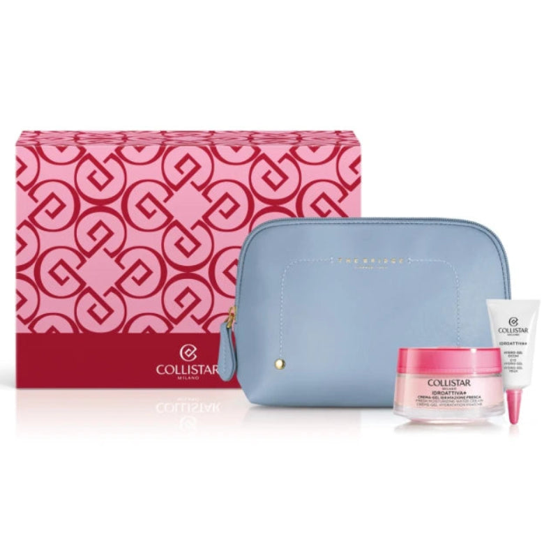 Collistar beauty products including a pink box, blue pouch, and skincare items on a white background