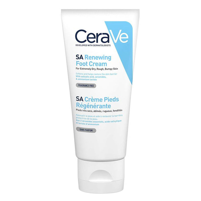 CeraVe SA Renewing Foot Cream 88ml tube with blue and white packaging, formulated with salicylic acid and ceramides for softening and hydrating dry feet
