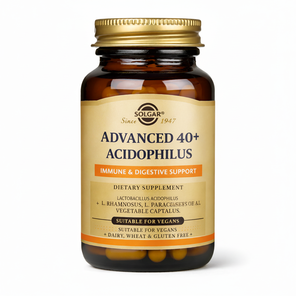 Bottle of Solgar Advanced 40+ Acidophilus supplement on a white background