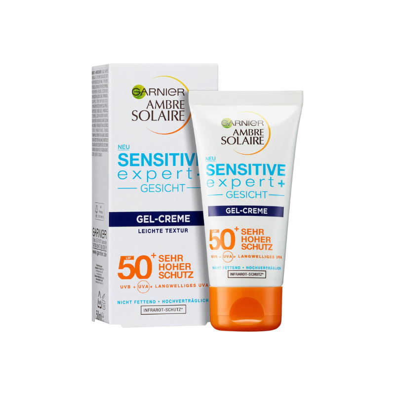 Garnier Ambre Solaire Sensitive Expert+ Gesicht Gel-Crème LSF 50+ is a lightweight, non-greasy sunscreen gel-cream with SPF 50+ that provides high sun protection for sensitive facial skin against UV rays.