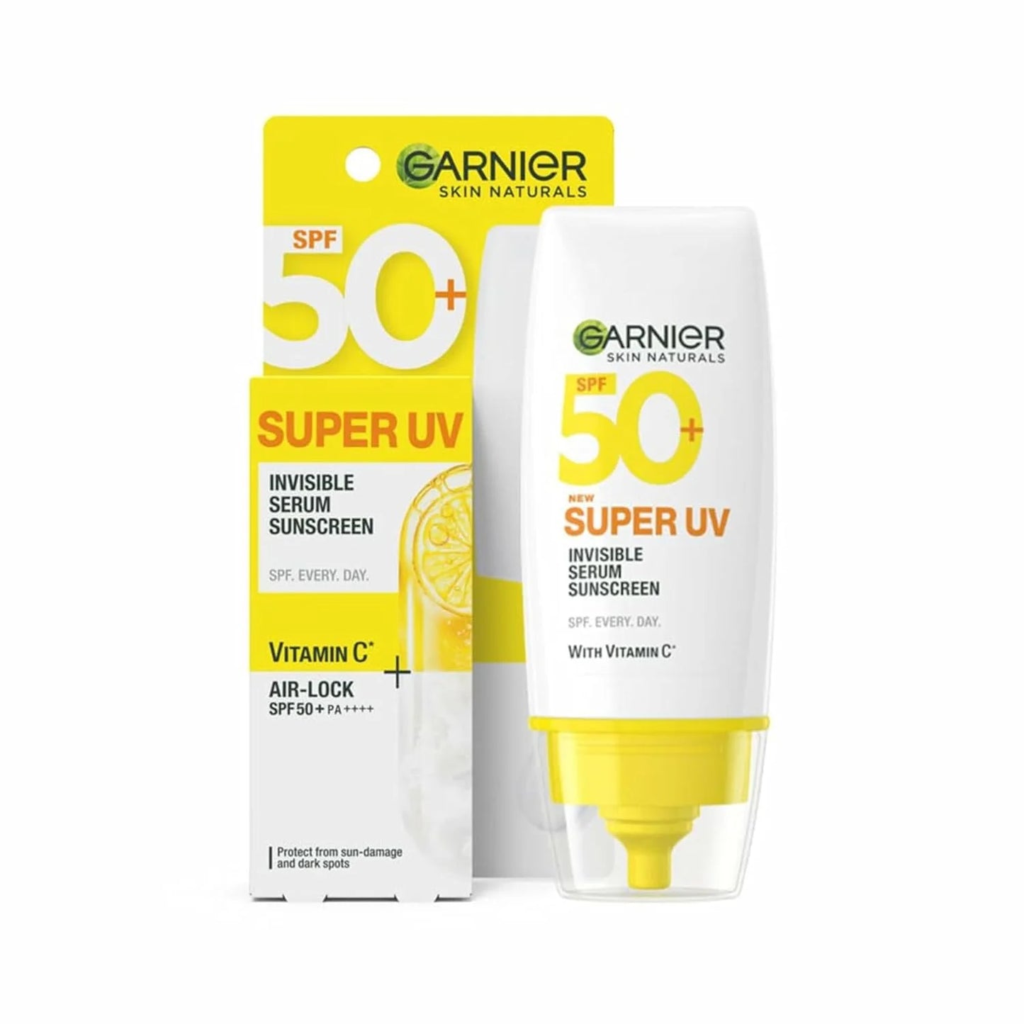 Garnier Ambre Solaire Super UV Vitamin C+ Facial Fluid SPF50+ bottle with a white background