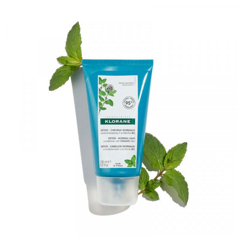 Klorane Detox Conditioner with Organic Aquatic Mint (150 ml), showing front branding and botanical design elements.