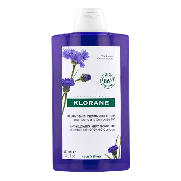 Flacon de 200 ml de Klorane Shampoing Déjaunissant à la Centaurée BIO pour reflets froids