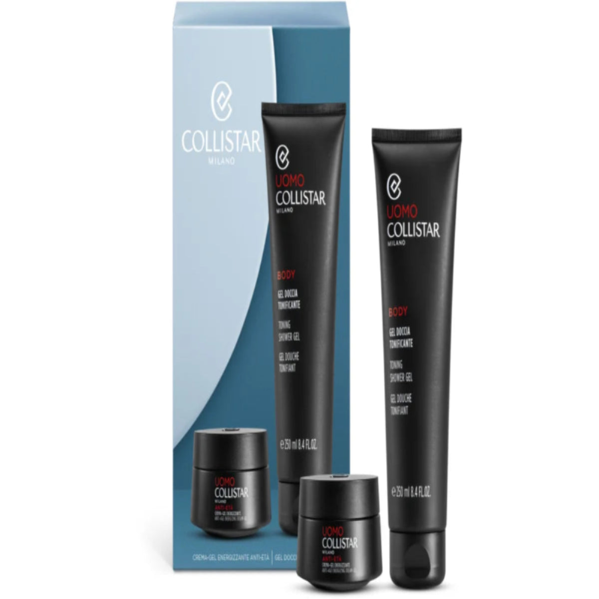 Collistar grooming products including bottles and a box on a white background