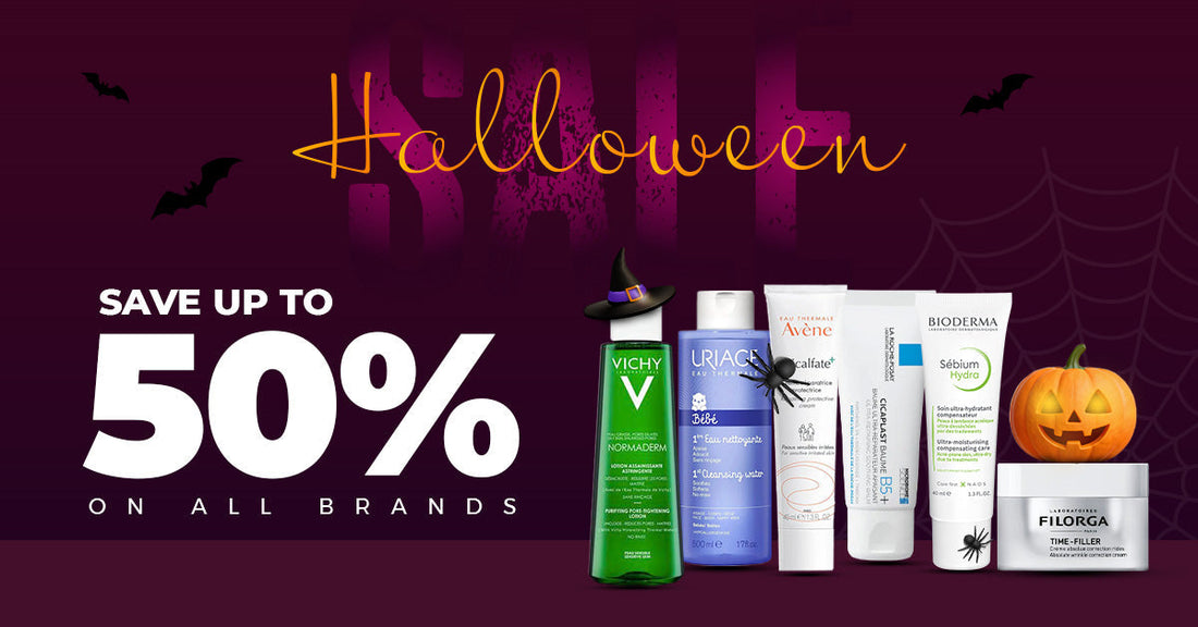Halloween skincare sale up to 50 percent off featuring Vichy Uriage Avene La Roche-Posay Bioderma and Filorga with pumpkins bats and Halloween theme