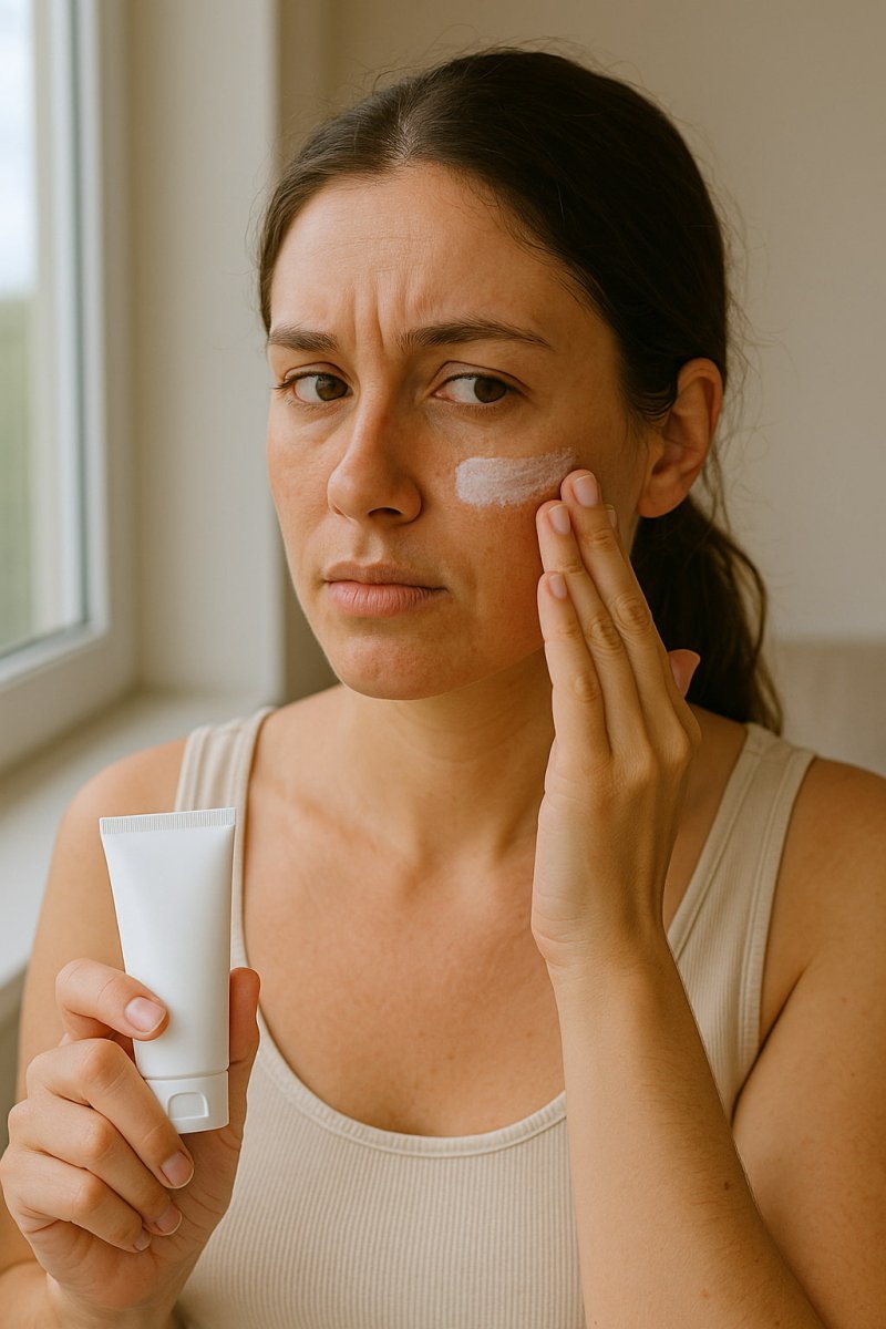 Woman applying face cream on her cheek while holding a white skincare tube, demonstrating daily skincare routine.