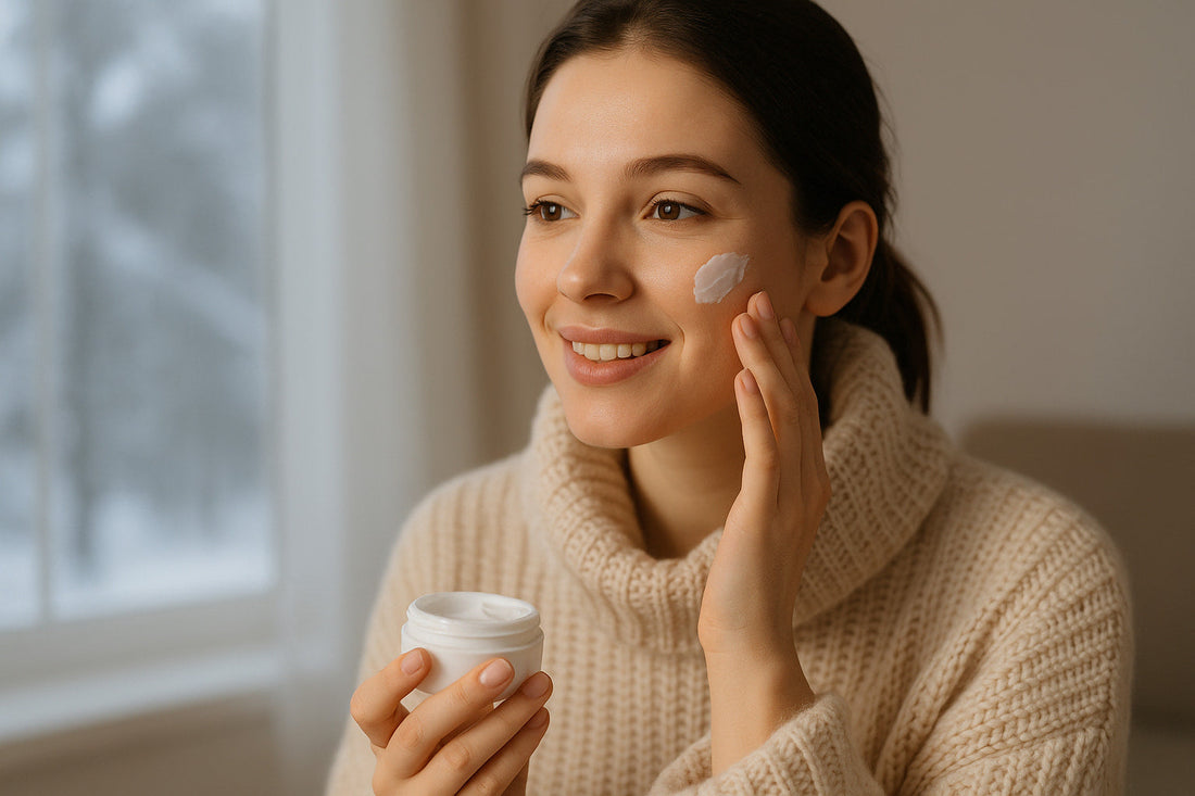 woman applying moisturizer indoors during winter skincare routine wearing cozy sweater near frosted window