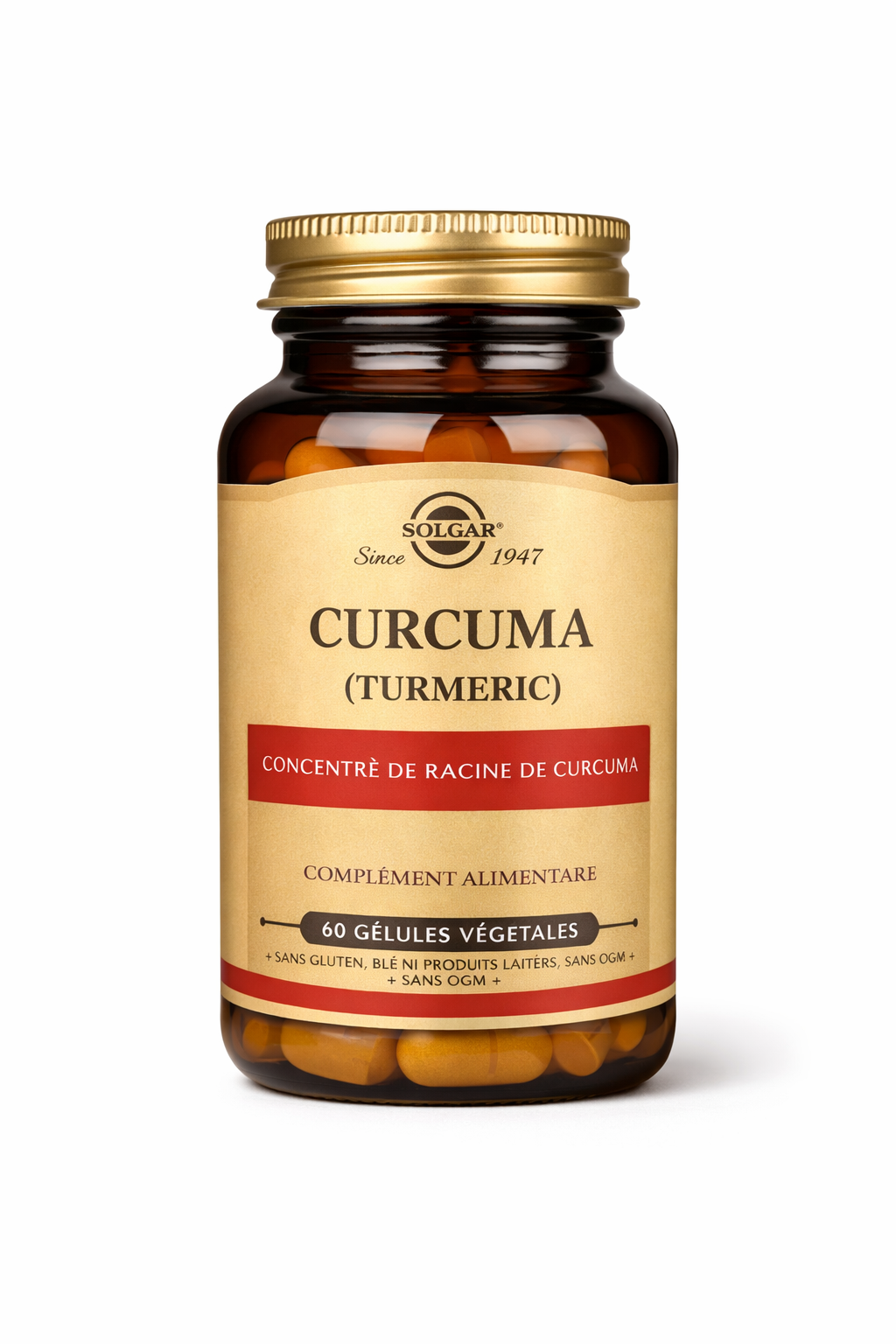 Bottle of Solgar Curcuma (Turmeric) supplement on a white background