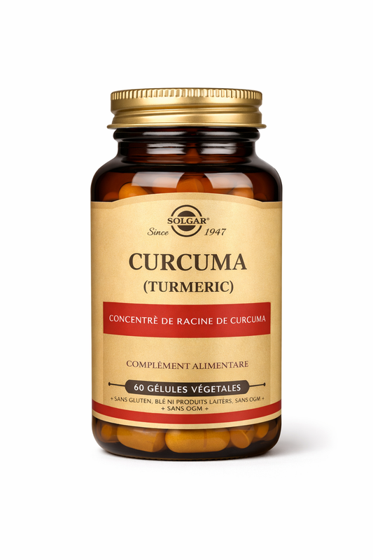 Bottle of Solgar Curcuma (Turmeric) supplement on a white background