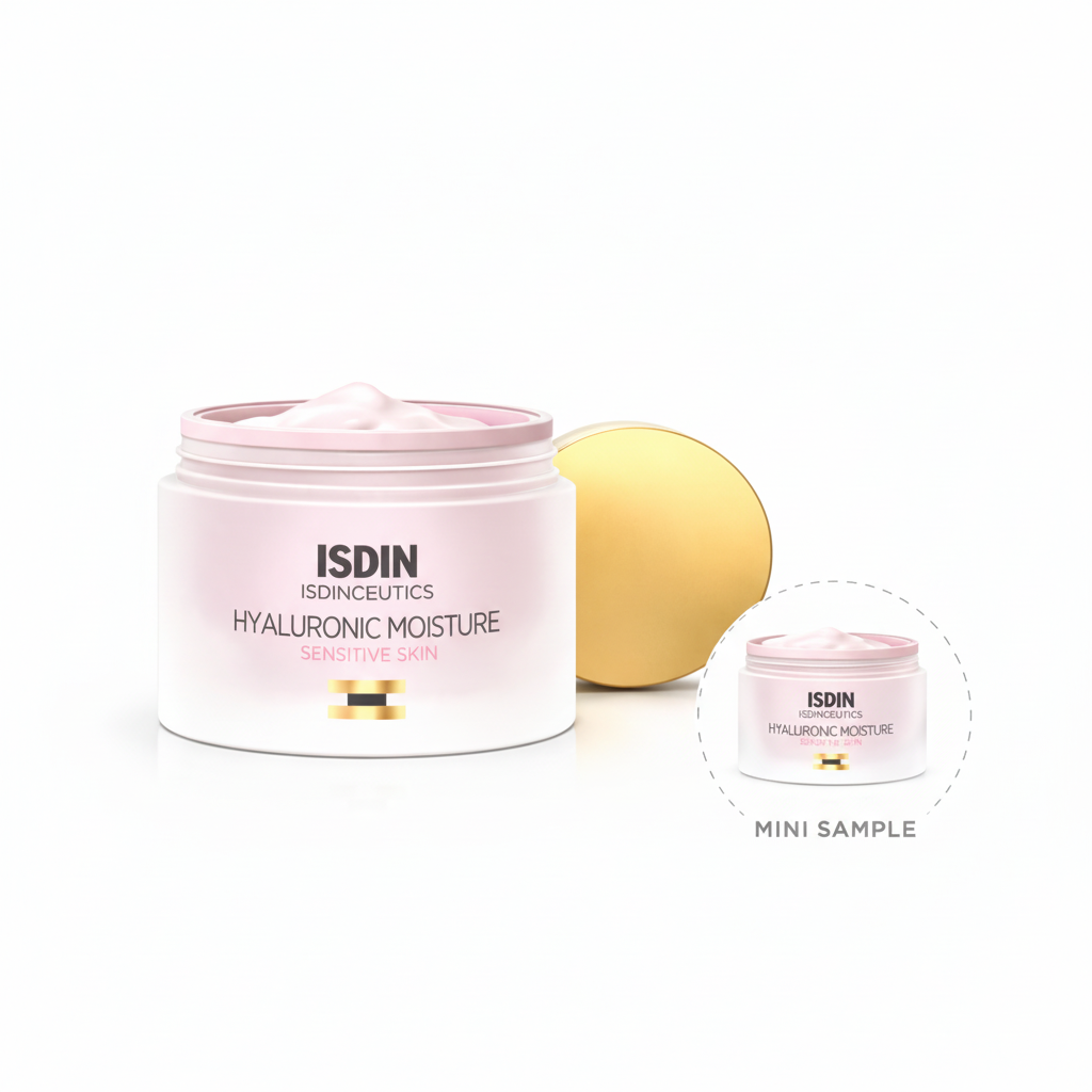 ISDIN skincare product with pink jar and yellow ball on a white background