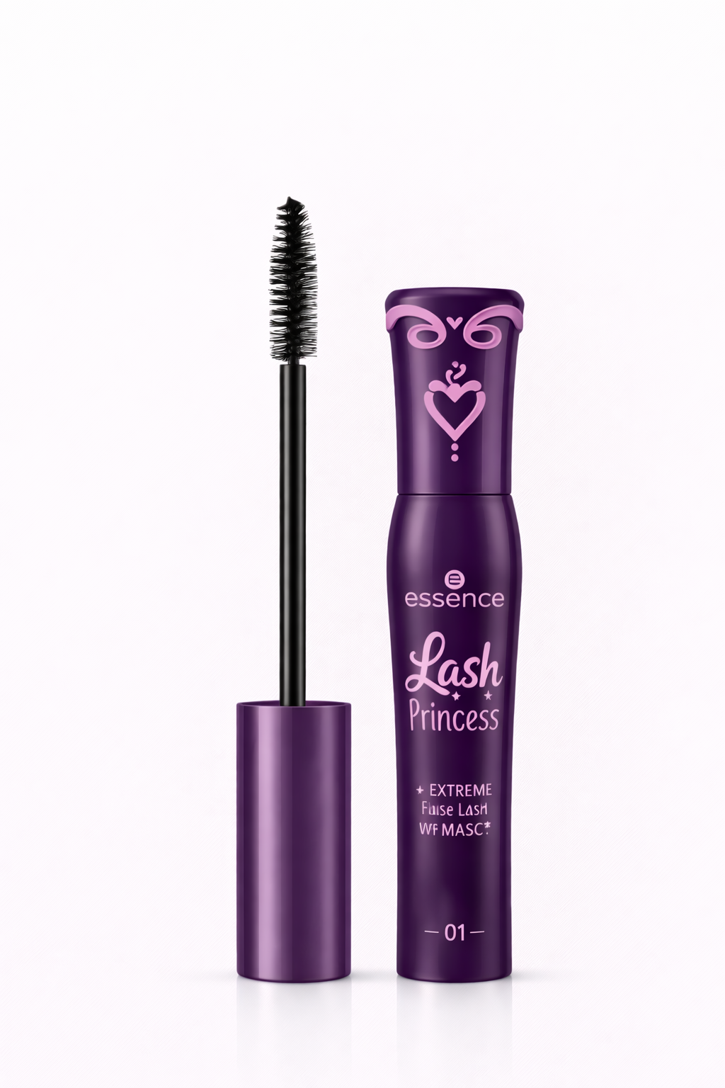 Purple mascara with 'essence' branding on a white background
