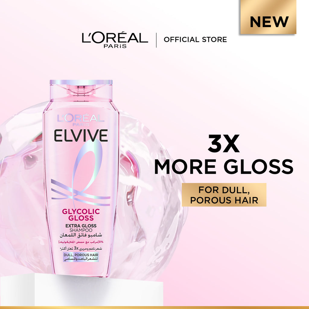 L'Oréal Paris Elvive Glycolic Gloss Extra Gloss Shampoo for Dull Porous Hair Powered by 3% Glycolic Acid