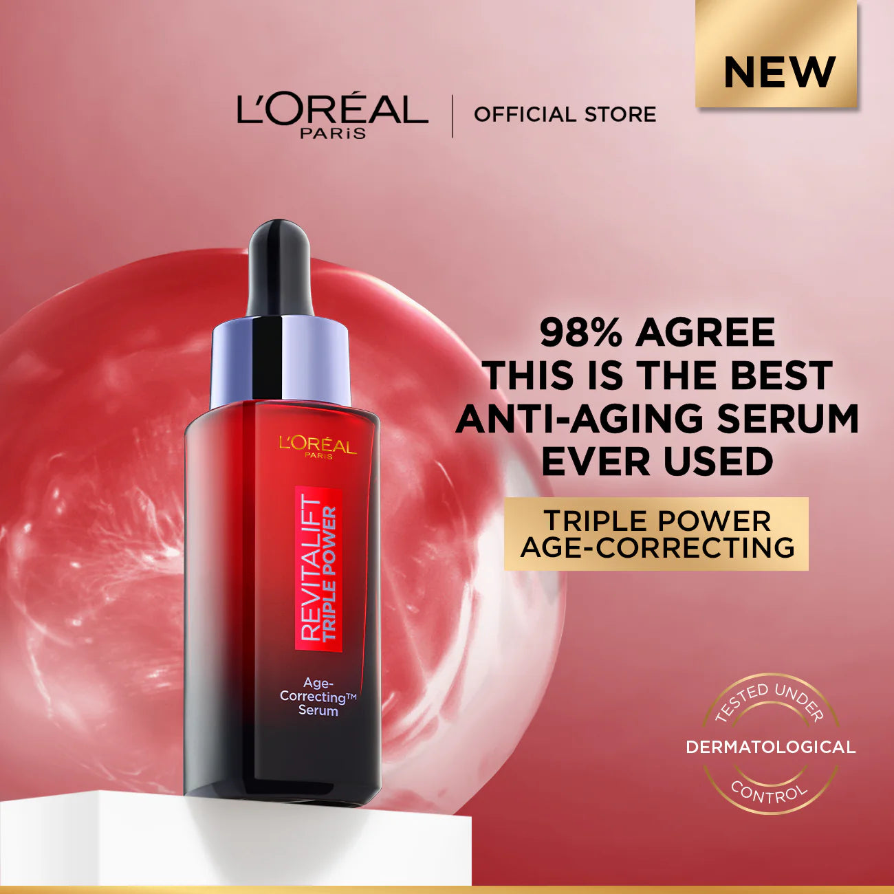 L’Oréal Paris Revitalift Triple Power Age-Correcting™ Serum with Tri-peptides, Hyaluronic Acid, and Vitamin C to Hydrate, Tone, and Firm Skin, 30ml