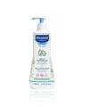 A bottle of Mustela Gel lavant doux 500ml with a pump dispenser, accompanied by a smaller bottle labeled 'Cleansing water', indicating the product is for baby care and the offer includes one free item.
