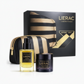 Lierac skincare set with a bottle, jar, and pouch on a white background