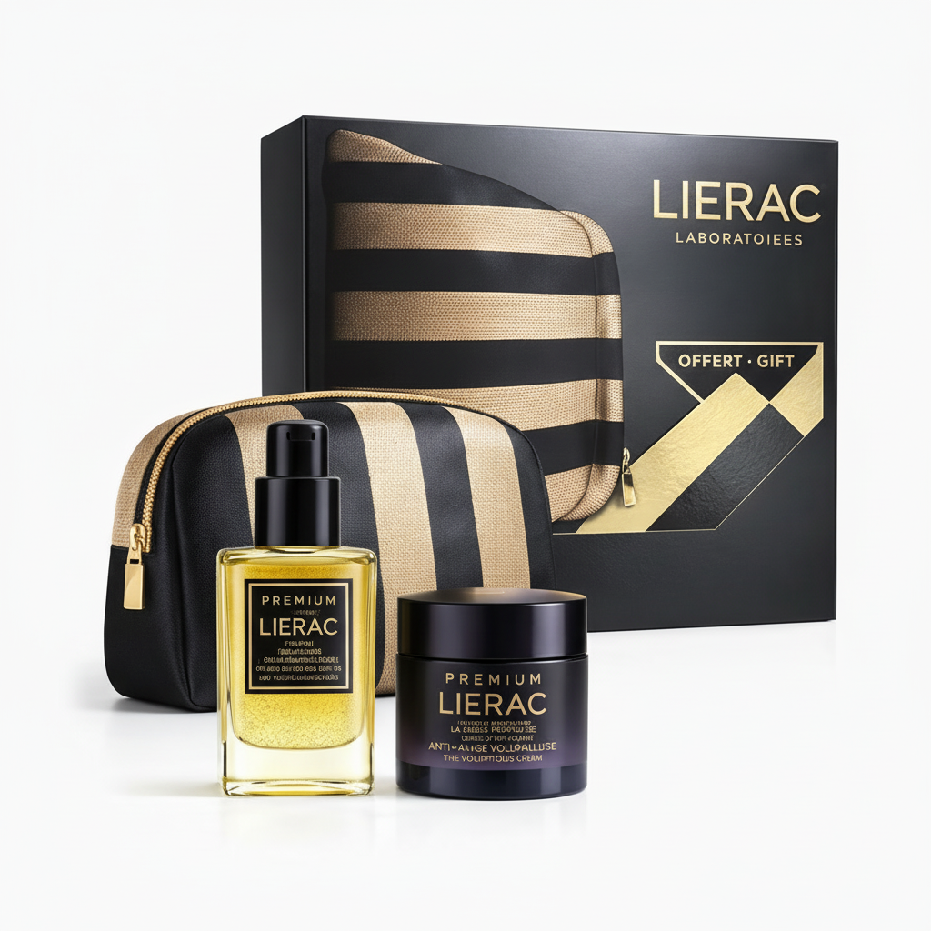 Lierac skincare set with a bottle, jar, and pouch on a white background