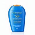 Shiseido sunscreen bottle with blue container and yellow label on a white background
