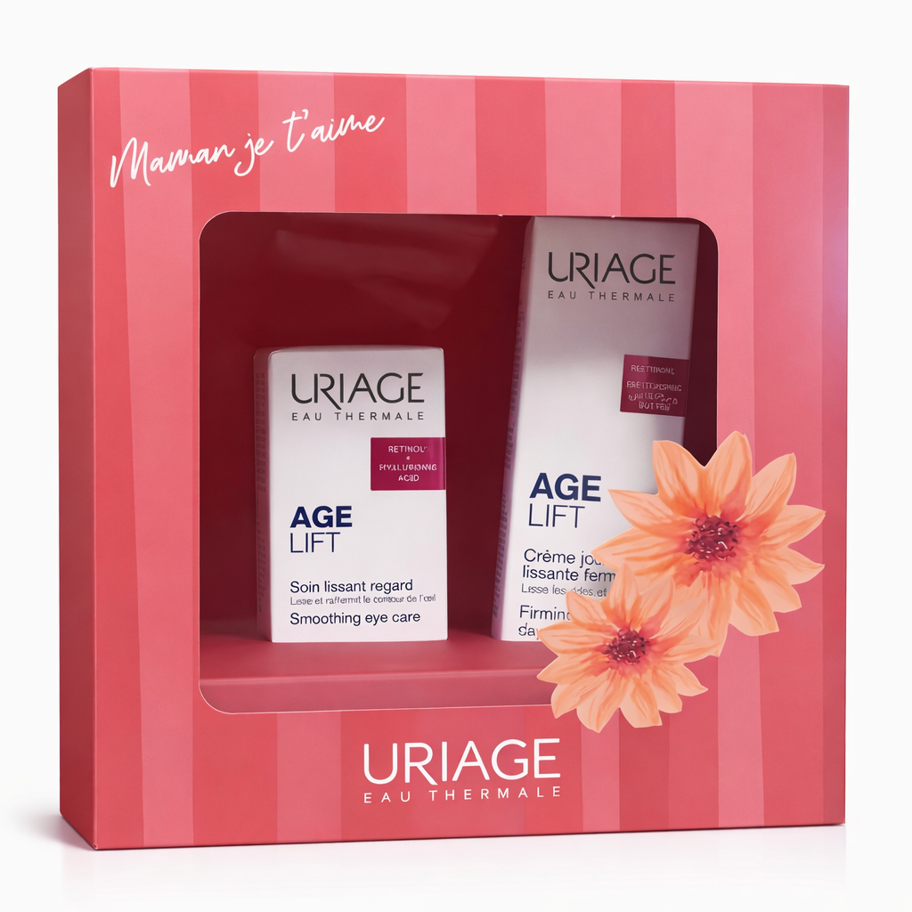 Uriage skincare product set in a decorative box with flowers on a white background