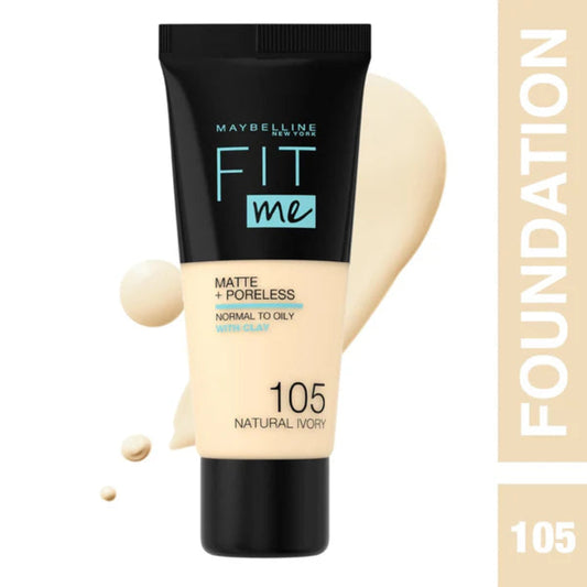 Maybelline Fit Me Matte + Poreless Liquid Foundation in a tube with a pump dispenser, shade 105 Natural Ivory.