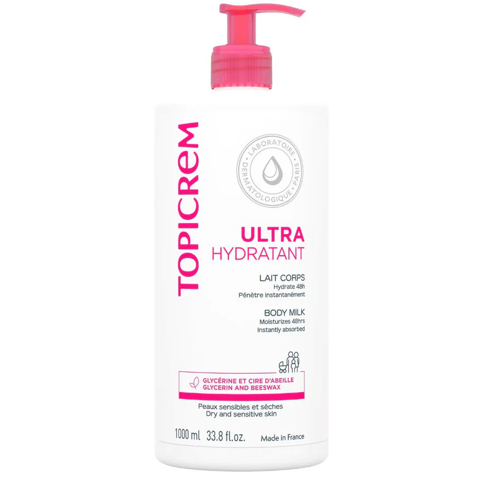Topicrem Ultra Hydratant body milk bottle with pump on a white background