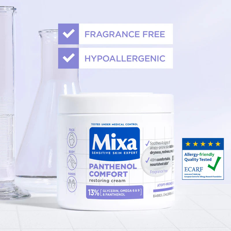 Mixa Panthenol Comfort Moisturizing Cream Jar - Anti-Scratching Cream - For Dry Skin, Atopy Prone Skin and Eczema - With 13% Glycerin, Omega 6 & 9, and Panthenol For Face, Hands & Body