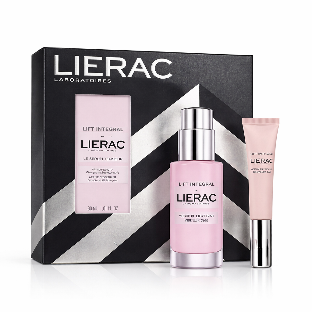 Lierac skincare set with serum, cream, and packaging on a white background