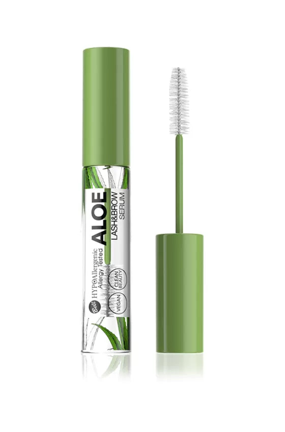 Aloe vera-based lash and brow serum with green packaging on a white background