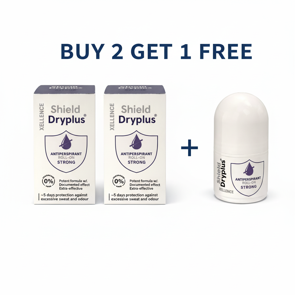 Two boxes and a bottle of Shield Dryplus antiperspirant on a white background with promotional text.