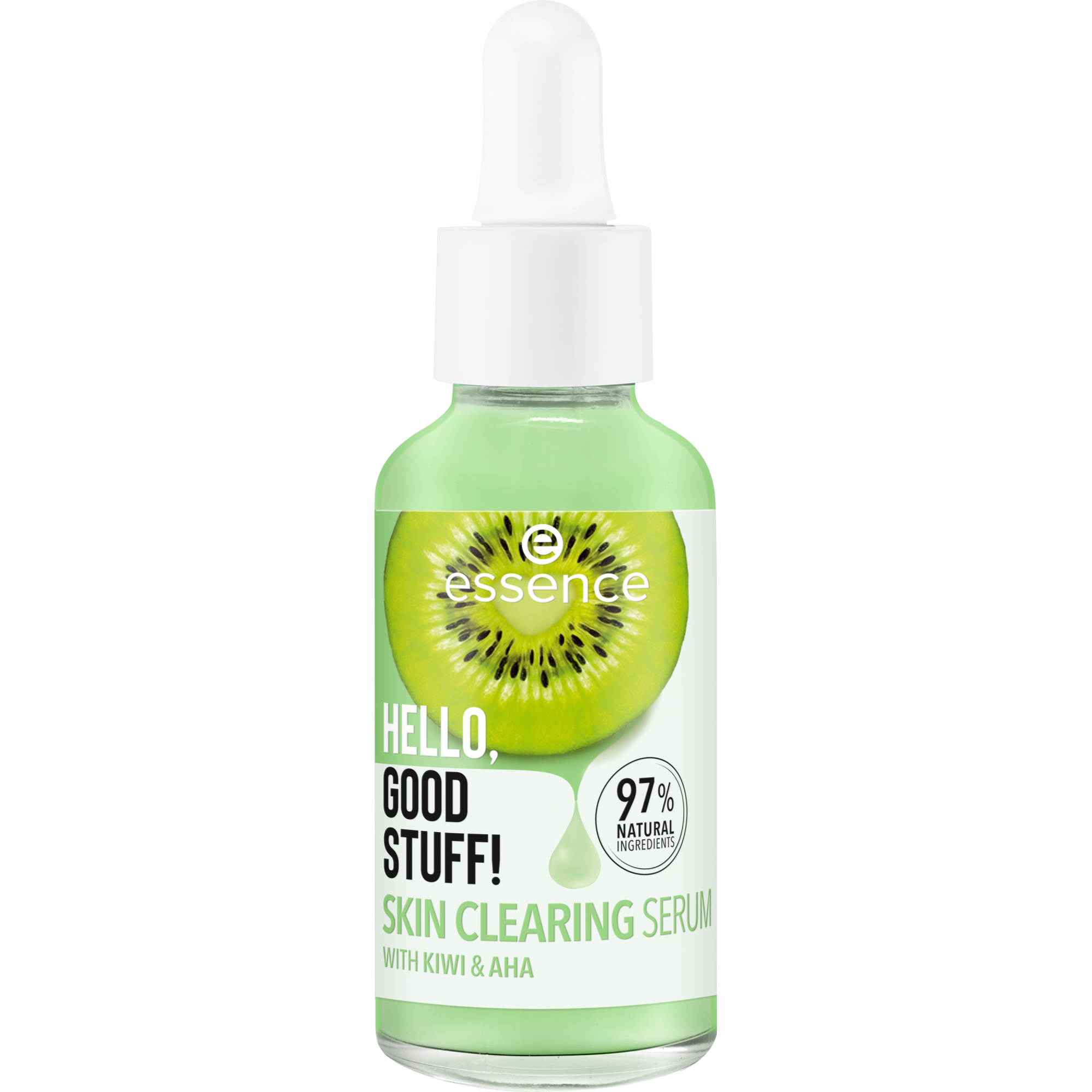 Bottle of essence skin clearing serum with kiwi illustration on a white background