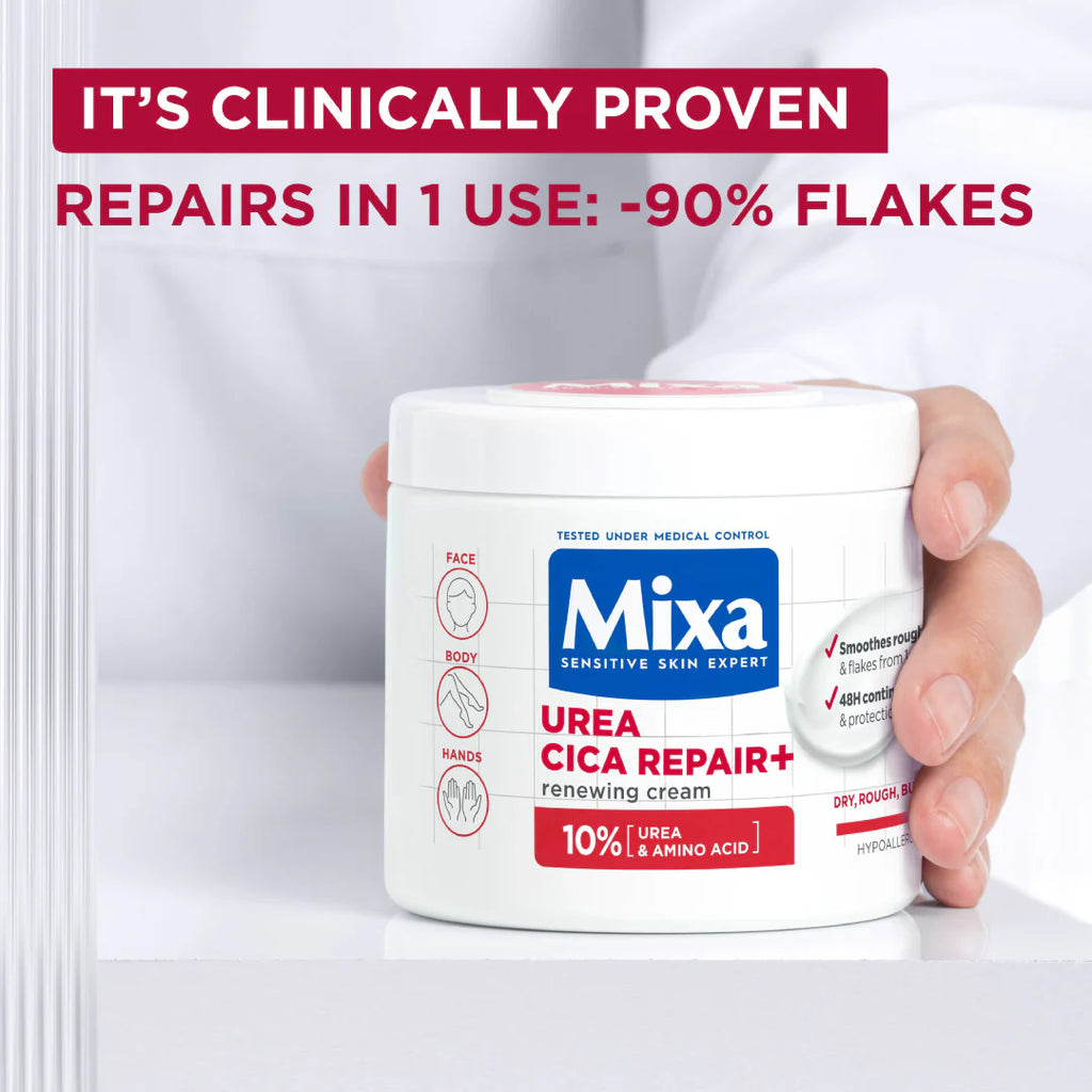 Mixa Urea Cica Repair Moisturizing Cream Jar - For Keratosis Pilaris, Dry, Flaky, Strawberry, Rough, & Fragile Skin & Tiny Reddish Bumps With 10% Urea and Niacinamide For Face, Hands & Body