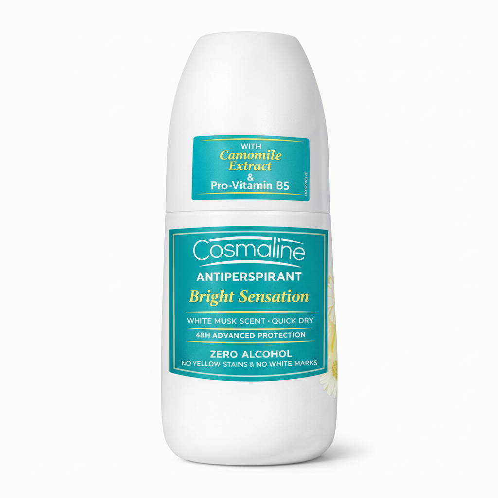 Cosmaline antiperspirant roll-on bottle with white and blue label on a white background