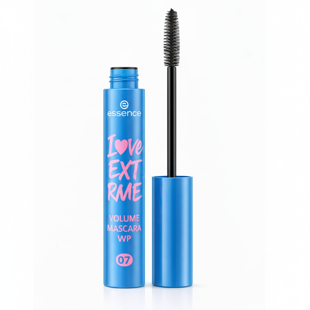 Mascara with blue casing and black wand on a white background