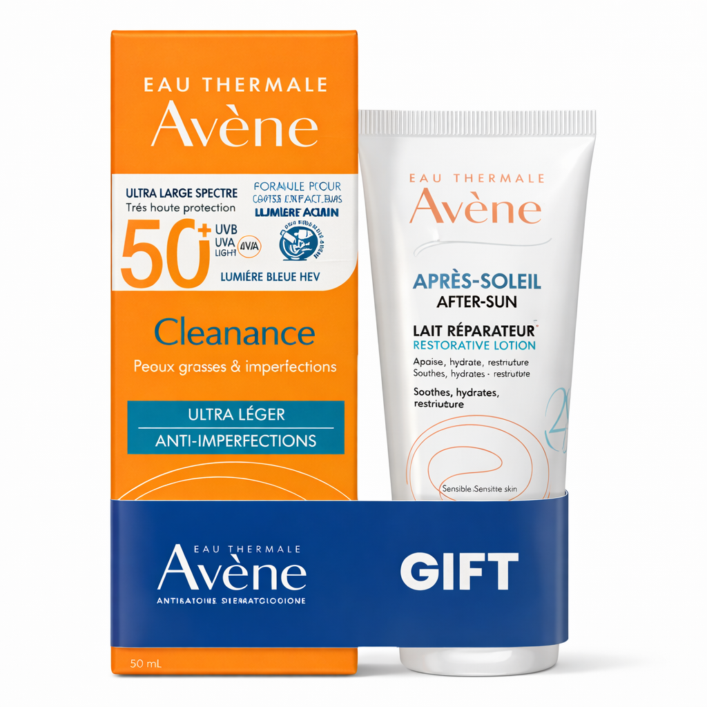 Avene sun care product packaging with after-sun lotion on a white background