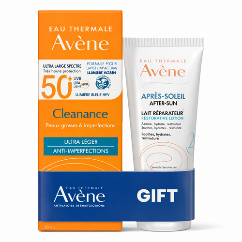 Avene sun care product packaging with after-sun lotion on a white background