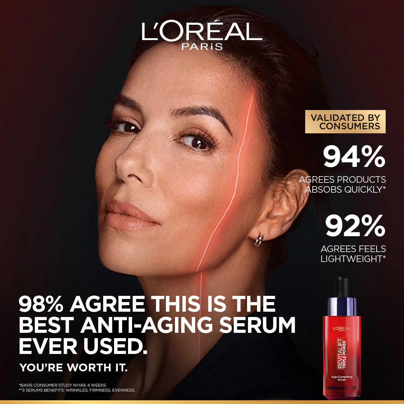 L’Oréal Paris Revitalift Triple Power Age-Correcting™ Serum with Tri-peptides, Hyaluronic Acid, and Vitamin C to Hydrate, Tone, and Firm Skin, 30ml