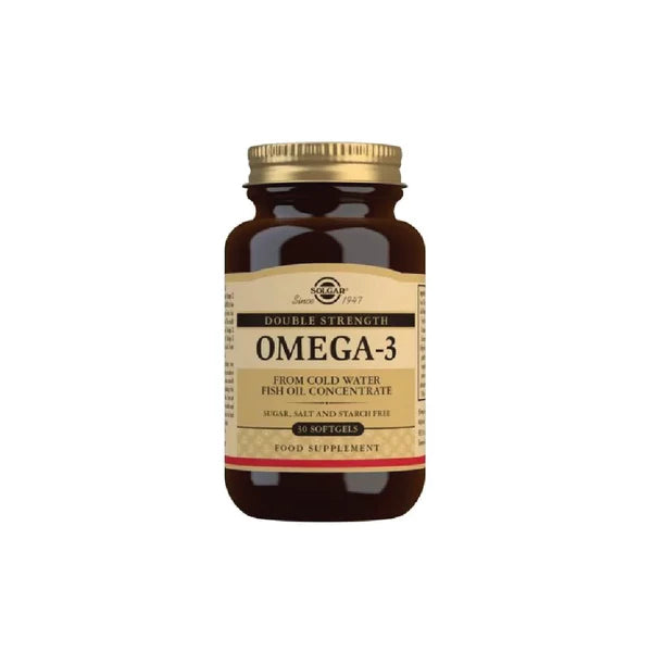 Omega-3 supplement bottle with Solgar label on a white background