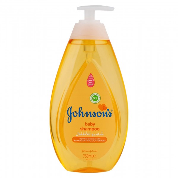 A plastic bottle of Johnson Baby Gold Shampoo with a pump dispenser, labeled 750 ml.