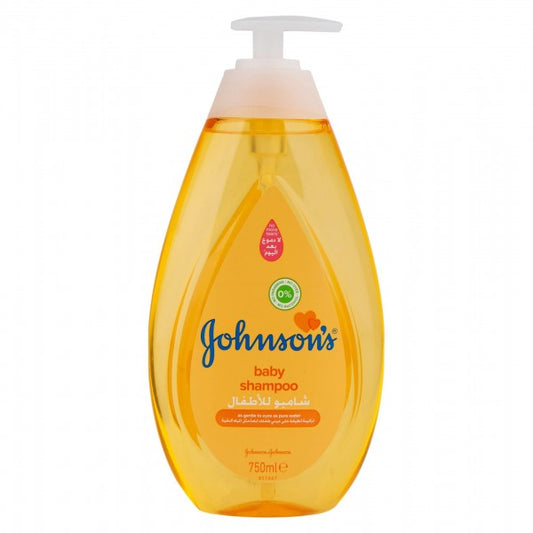 A plastic bottle of Johnson Baby Gold Shampoo with a pump dispenser, labeled 750 ml.