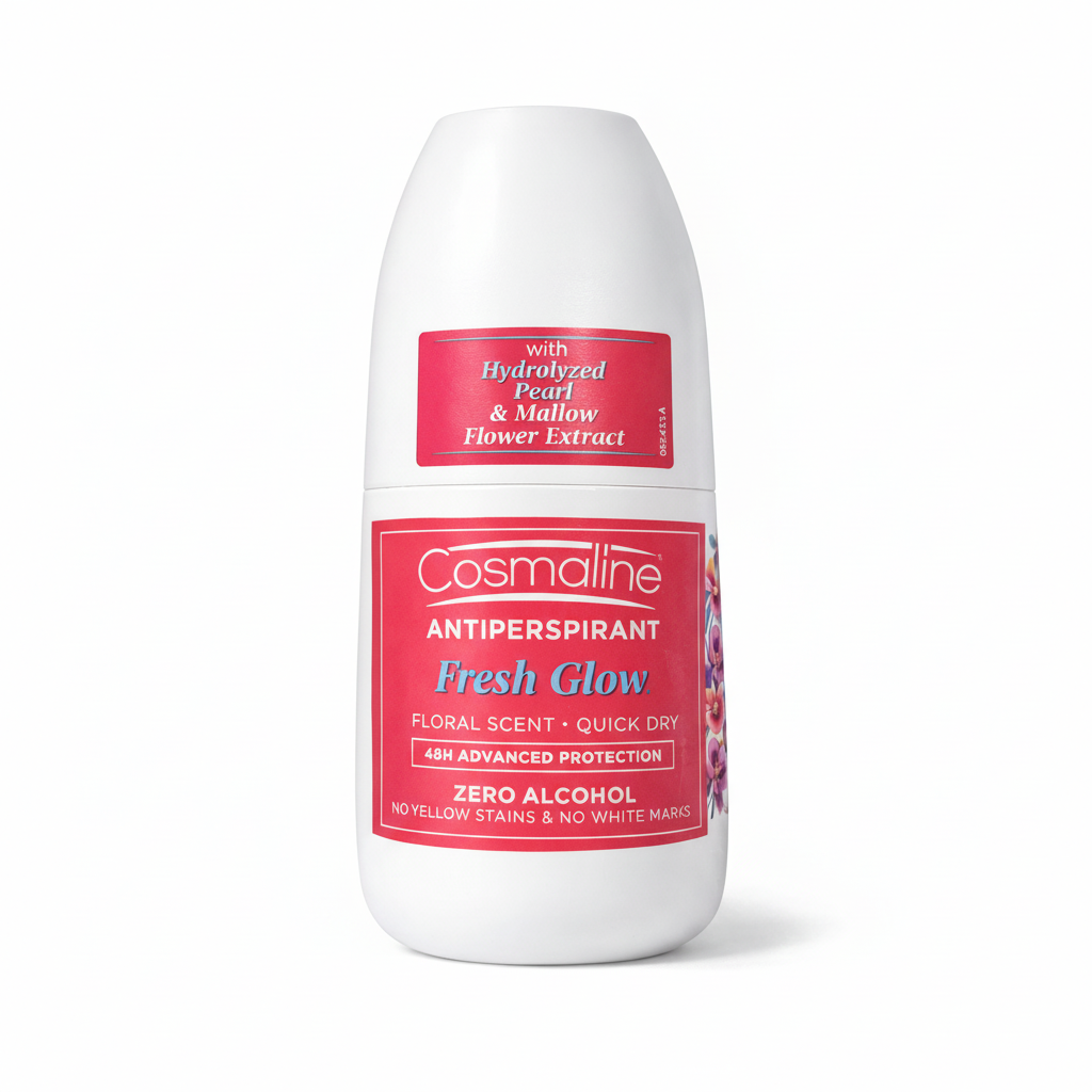 Cosmoline antiperspirant roll-on with pink label on a white background