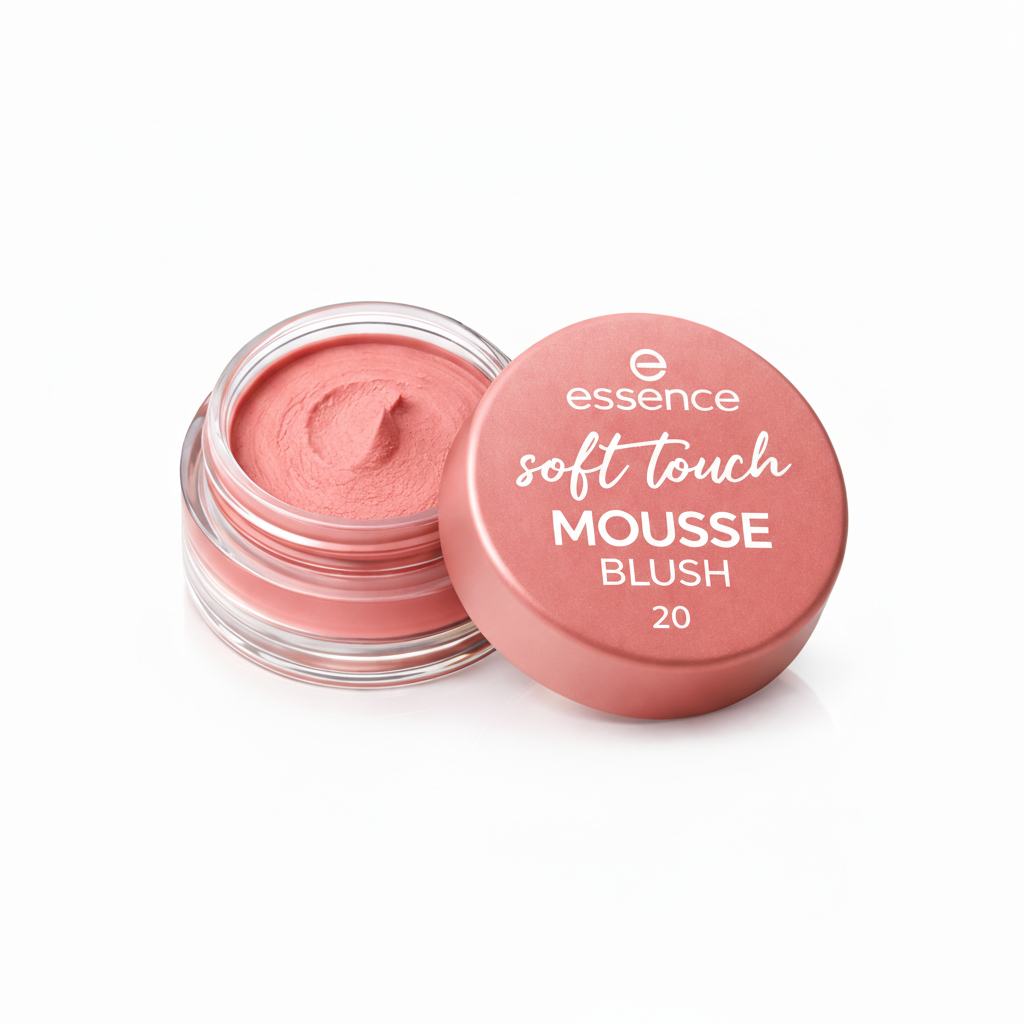 Essence soft touch mousse blush with open container on a white background