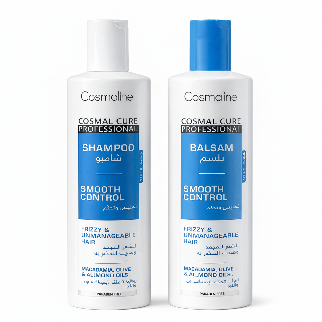 Cosmaline Cosmal Cure Professional Shampoo and Balsam bottles on a white background