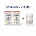 Shield Dryplus antiperspirant packaging and roll-on bottle on a white background with promotional text.
