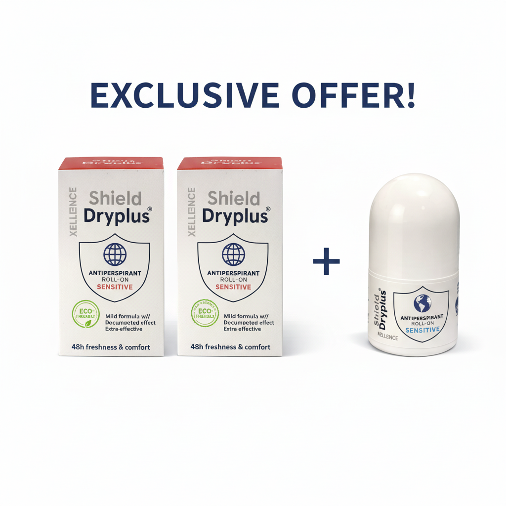 Shield Dryplus antiperspirant packaging and roll-on bottle on a white background with promotional text.