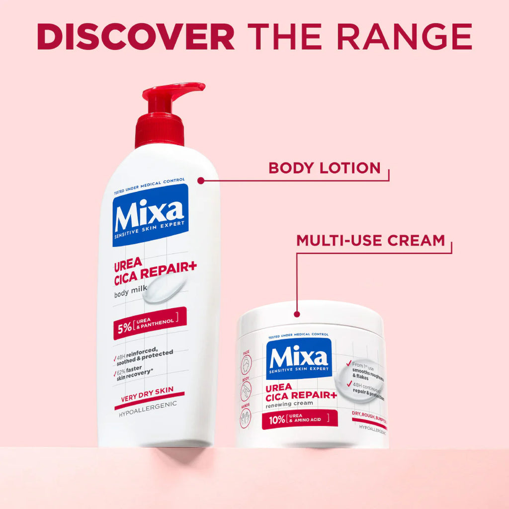 Mixa Urea Cica Repair Moisturizing Cream Jar - For Keratosis Pilaris, Dry, Flaky, Strawberry, Rough, & Fragile Skin & Tiny Reddish Bumps With 10% Urea and Niacinamide For Face, Hands & Body