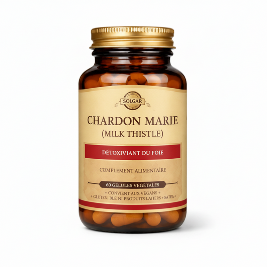 Bottle of Solgar Chardon Marie (Milk Thistle) supplement on a white background