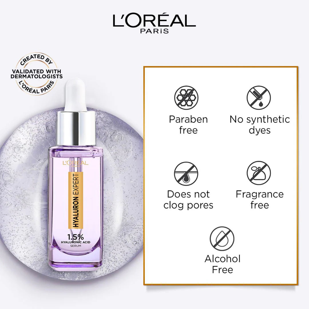 L’Oréal Paris, Hyaluron Expert Replumping Face Serum, with 1.5% Hyaluronic Acid, for Fine Lines Reduction, Hydration and Youthful Looking Skin , 30ml