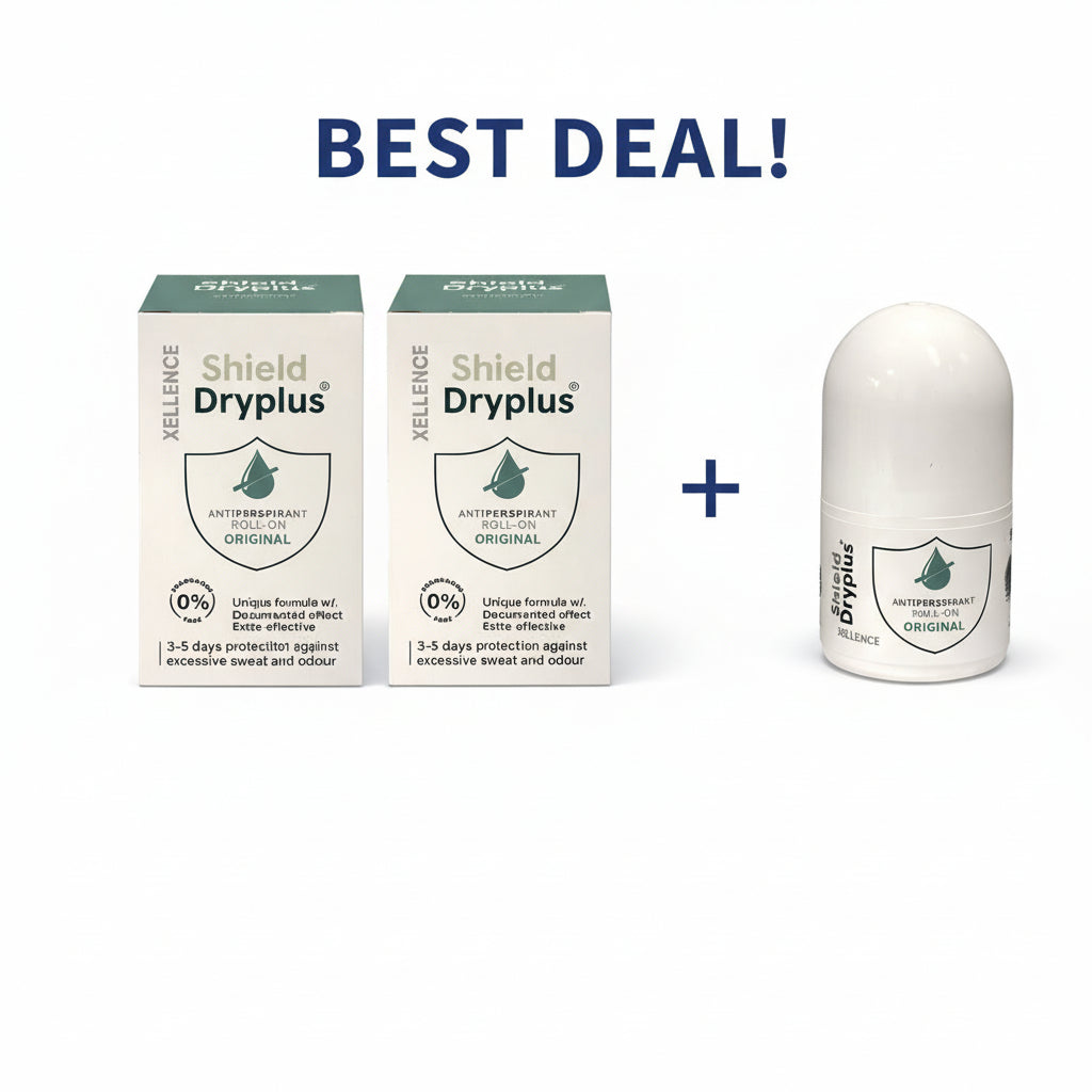 Two boxes and a bottle of Shield Dryplus product on a white background with promotional text.