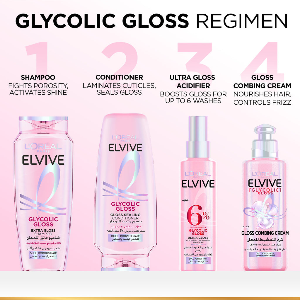 L'Oréal Paris Elvive Glycolic Gloss Extra Gloss Shampoo for Dull Porous Hair Powered by 3% Glycolic Acid