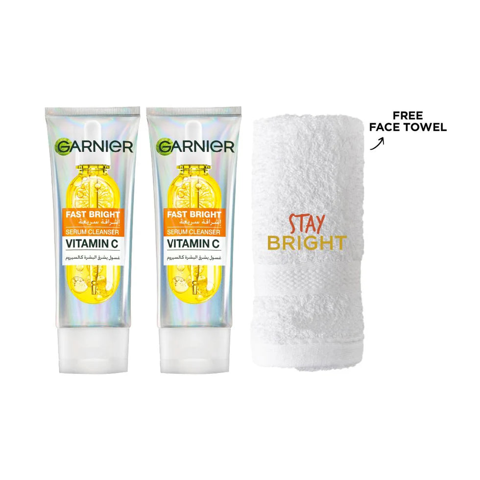 2x Garnier Fast Bright Serum Cleanser 100 ML + FREE Towel