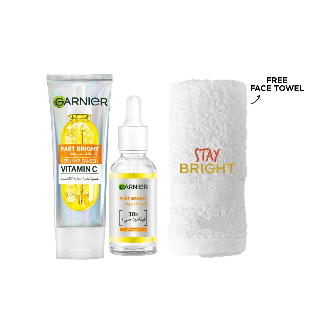 Garnier Fast Bright Serum Cleanser 100 ML + Vitamin C Day Serum 30 ML + FREE Towel